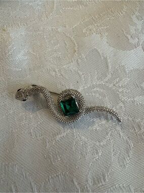 Silver Snake Pin Brooch with Emerald Green Stone
